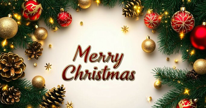 Festive greeting card with bold red Merry Christmas text, surrounded by cheerful Christmas decorations, set against a clean white background. Perfect for spreading holiday joy