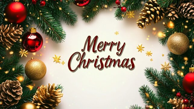 Red text Merry Christmas greeting card with a top view of festive Xmas decorations, including ornaments and seasonal elements, beautifully arranged on a clean white background.