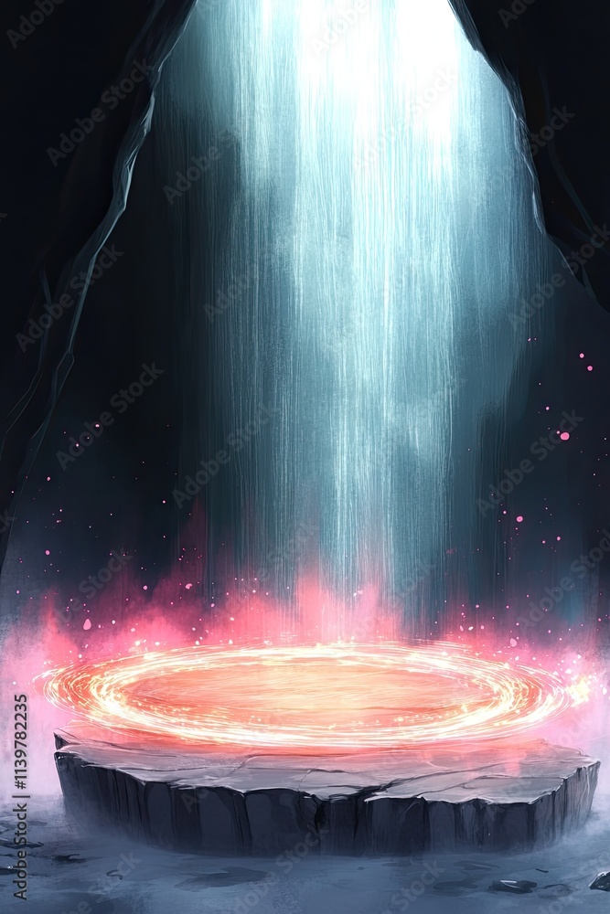 Poster a glowing ring of light on a stone platform in a dark cave with light streaming through a hole in th