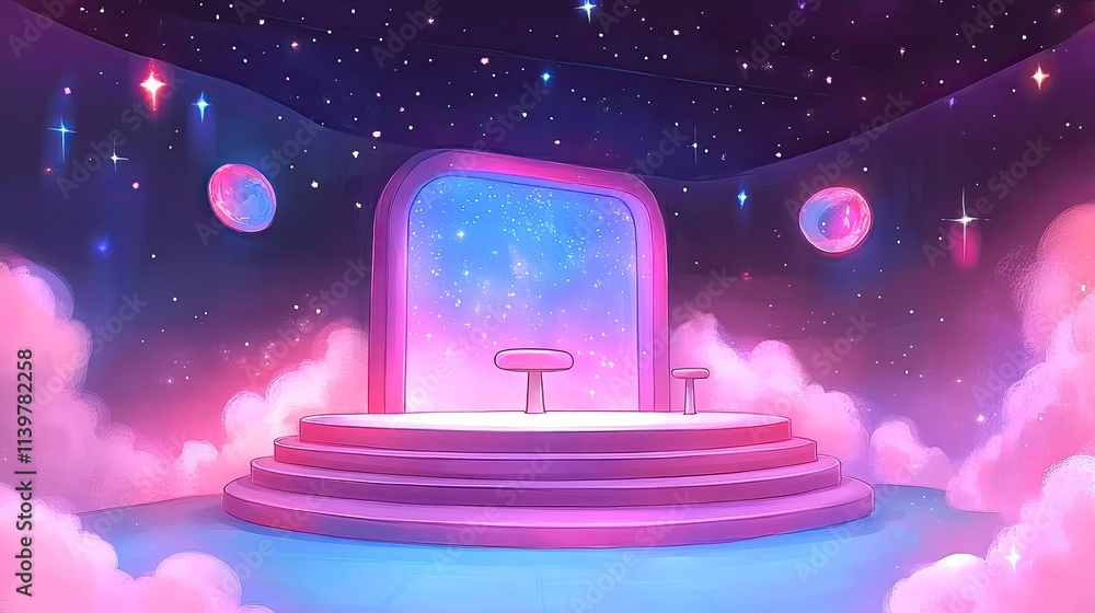 Poster a glowing stage with two stools set against a backdrop of a starry night sky with two moons and clou