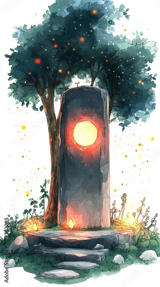 Poster a glowing orb is embedded in a tall, stone monolith. the monolith is surrounded by a lush green fore