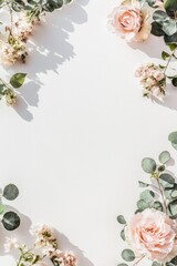 Floral frame featuring light pink roses and green eucalyptus leaves on a white background.