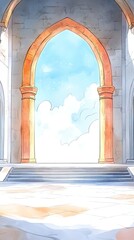 Fototapeta premium A grand stone archway leads to a bright sky and clouds.