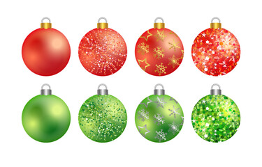 Set of shiny Christmas balls, vector clip art. Green and red colours. X mas cute 3D decorations. Xmas tree beautiful decor with golden and silver glitters and snowflakes. Holiday garland elements.