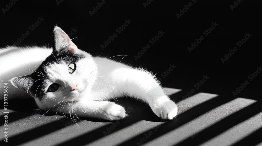 Poster black and white cat relaxing in sunlight with striking shadow patterns