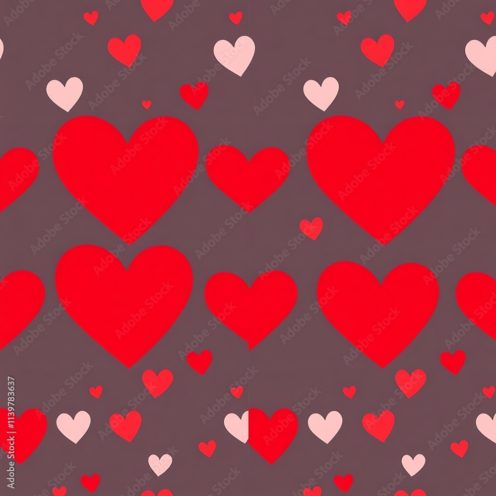 Poster lovely hearts pattern: a charming seamless pattern featuring red and pink hearts on a mauve backgrou