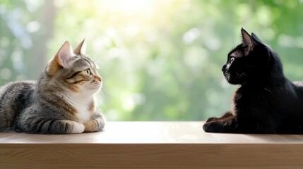 Two Cats Facing Each Other on Wooden Table Against Soft Green Background