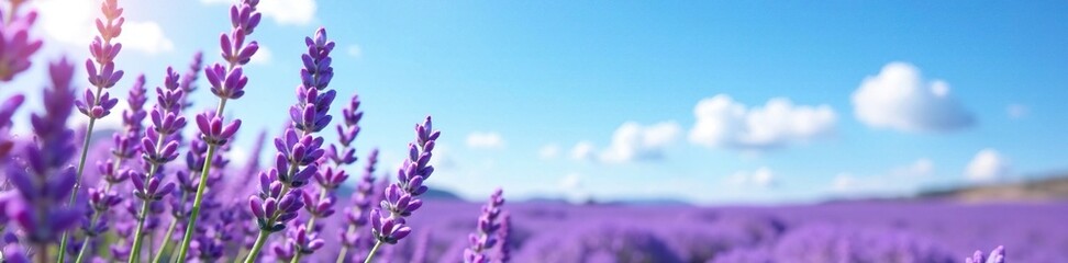 Obraz premium Delicate purple hue of lavender blooms against a bright blue sky, garden scenery, open fields,