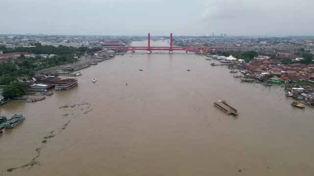 Aerial view of Palembang's Ampera bridge over the Musi river