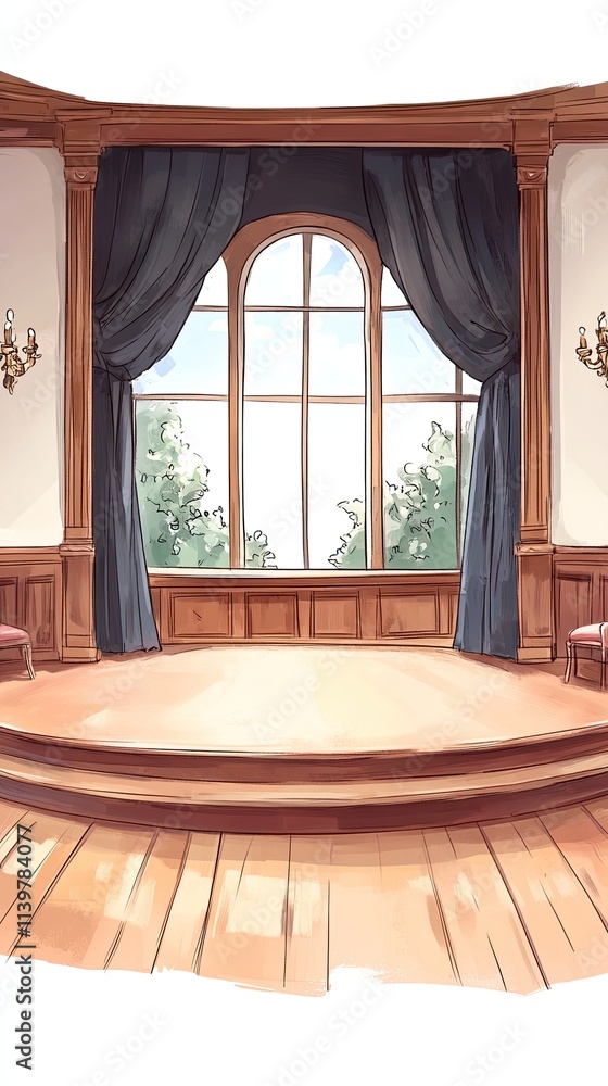Poster a large, empty stage with wooden floors and a window behind it. two chairs are placed on either side