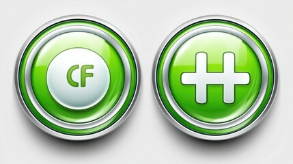 Fototapeta premium Two glossy green buttons with symbols.