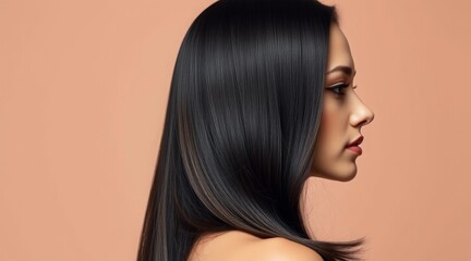 Naklejka premium Woman with straight black hair in profile, posing against a peach background