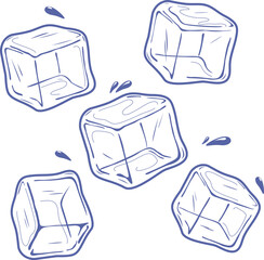 Ice cube collection. Cold drink melted ice cubes sketch symbol on white background. Hand drawn ink stroke drawing. Vector illustration.