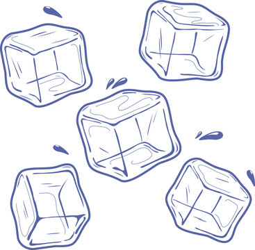 Ice cube collection. Cold drink melted ice cubes sketch symbol on white background. Hand drawn ink stroke drawing. Vector illustration.