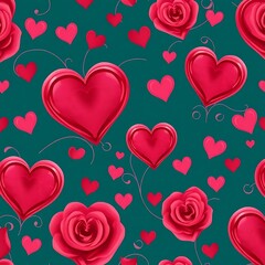 Romantic Teal Hearts and Roses Pattern 