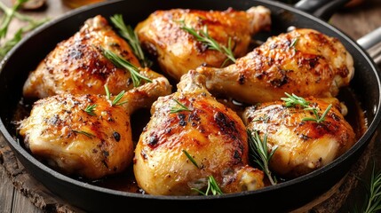 Juicy Roasted Chicken Legs with Fresh Herbs in Cast Iron Pan