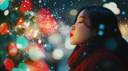 Young Woman Blowing Snow in winter park in the snow,Winter holidays concept,Young woman winter portrait,winter fairy tale,happy vacation,winter season,space for text.