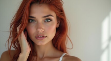 Woman with red hair and blue eyes posing naturally in soft lighting
