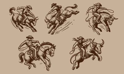 Dynamic Rodeo Cowboys Riding Bulls and Horses Vintage Vector Illustration