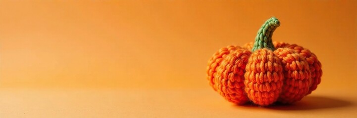 Crocheted pumpkin with orange yarn and green stem, fiber art, fall decoration