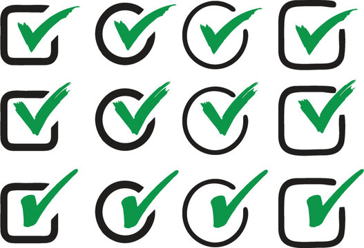 Check mark right or correct icons in box. Different style and shape checklist designs. Check-mark icon for voting, approval, selection, business, office, poster, and web designs. eps 10