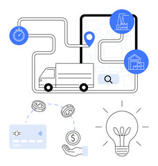 Truck navigating a GPS route on a mobile device, stopwatch, currency transfer, factory, home icons, and lightbulb. Ideal for delivery logistics, digital payments, finance innovation business