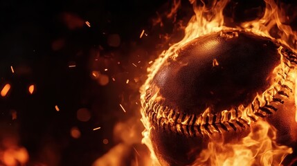 Flying baseball in flames on black background,Hot baseball ball in fires flame,Closeup Baseball player hitting ball with bat,home run,baseball field with grandstand,sport day,space for text.
