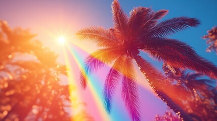 Vibrant sunset illuminating palm trees with a rainbow effect.