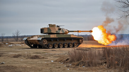 Modern military tank firing its cannon, creating a burst of flames and smoke