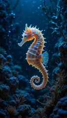 a glowing seahorse floating in the deep sea, with its fins and body emitting a soft glow in the dark ocean atmosphere, surrounded by rocks and various seaweeds.