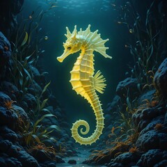 a glowing seahorse floating in the deep sea, with its fins and body emitting a soft glow in the dark ocean atmosphere, surrounded by rocks and various seaweeds.