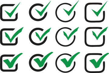 Check mark right or correct icons in box. Different style and shape checklist designs. Check-mark icon for voting, approval, selection, business, office, poster, and web designs. eps 10