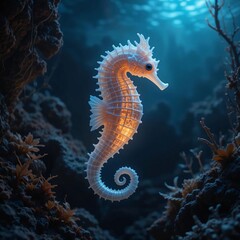 a glowing seahorse floating in the deep sea, with its fins and body emitting a soft glow in the dark ocean atmosphere, surrounded by rocks and various seaweeds.