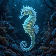 a glowing seahorse floating in the deep sea, with its fins and body emitting a soft glow in the dark ocean atmosphere, surrounded by rocks and various seaweeds.