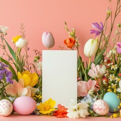 Easter card mockup. Upright standing blank card propped against bright and bold fresh spring flowers. Empty Easter card template. Vertical white paper sheet mock up with clear space for text
