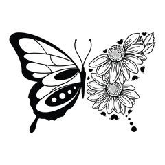Black and White Botanical Butterfly and Flower Illustration with Blooming Sunflowers and Heart 