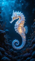 a glowing seahorse floating in the deep sea, with its fins and body emitting a soft glow in the dark ocean atmosphere, surrounded by rocks and various seaweeds.