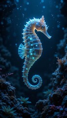 a glowing seahorse floating in the deep sea, with its fins and body emitting a soft glow in the dark ocean atmosphere, surrounded by rocks and various seaweeds.