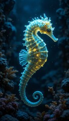 a glowing seahorse floating in the deep sea, with its fins and body emitting a soft glow in the dark ocean atmosphere, surrounded by rocks and various seaweeds.