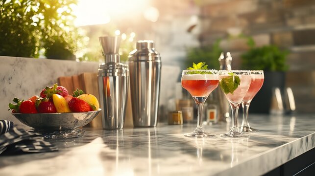 Two pink cocktails garnished with mint on a bar counter with cocktail shaker and fresh fruit.