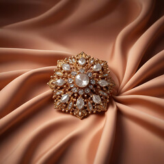 A vintage brooch placed on a satin fabric with a warm studio light.