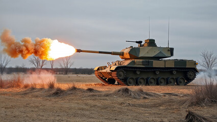 Powerful military tank firing on a training ground at sunset