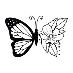 Floral Butterfly and Roses Logo Illustration, Black and White Botanical with Intricate Wings