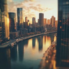 Obraz premium cinematic cityscape with a river reflecting the skyline,