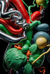 Futuristic abstract 3D design featuring a blend of sharp geometric shapes and fluid structures. The color palette is modern and metallic, with shades of silver, blue, and gray