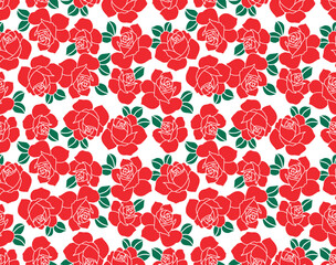 Japanese Red Rose Vector Seamless Pattern