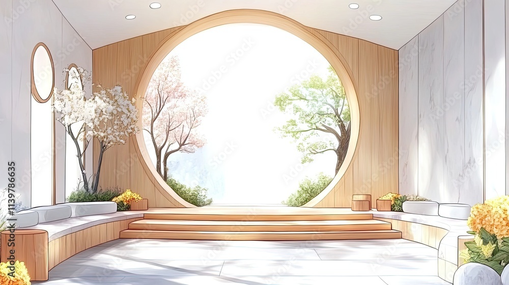 Poster a minimalist zen room with a large circular window overlooking a garden with trees.
