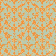 Fototapeta premium Orange and Green Floral Damask Pattern: A classic damask pattern in a vibrant orange and green color scheme, perfect for adding a touch of elegance and sophistication to any project.