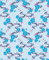 Japanese Flower Flow Line Vector Seamless Pattern