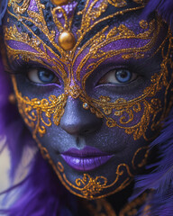 Fototapeta premium Close-up of a vibrant Mardi Gras mask with intricate gold and purple patterns, feathers, and glittering embellishments, emphasizing elegant details and textures.
